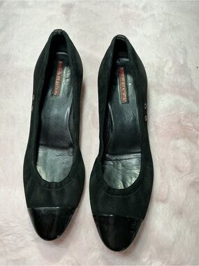 Prada Black Suede Flats with Glossy Cap Toe b111